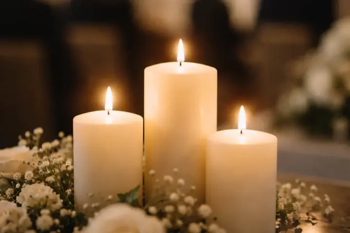 Cerimonia funebre a Milano con candele e addobbi floreali